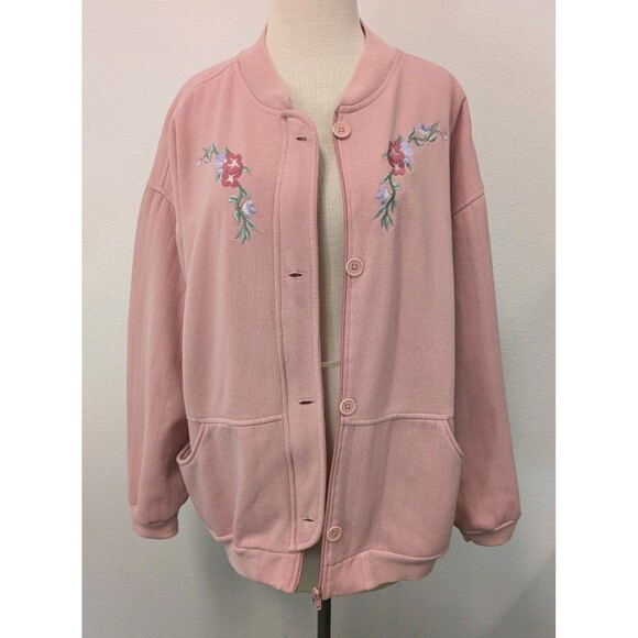 90s Bold Spirit Pink Floral Embroidery Set  Sweatshirt Pants sz XL Grannycore - Picture 2 of 13